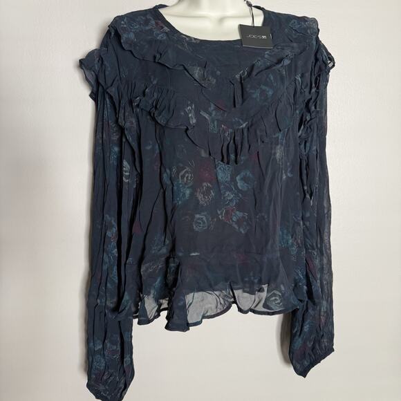 Joes Jeans Black Floral Talia Flowy Blouse, Large, NWT, Ruffles, Flared Hem - Picture 2 of 11